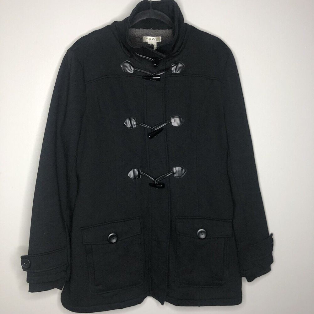 Orvis Women's Large Black Full Zip Toggle Button Fleece Lined Mid Length‎ Jacket